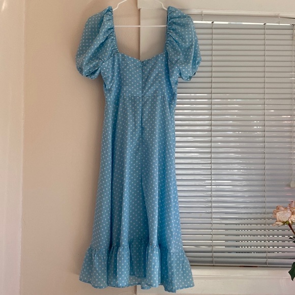 BOOHOO PUFF SLEEVE BUSTIER RUFFLE HEM POLKA DOT MIDI dress - Picture 6 of 8